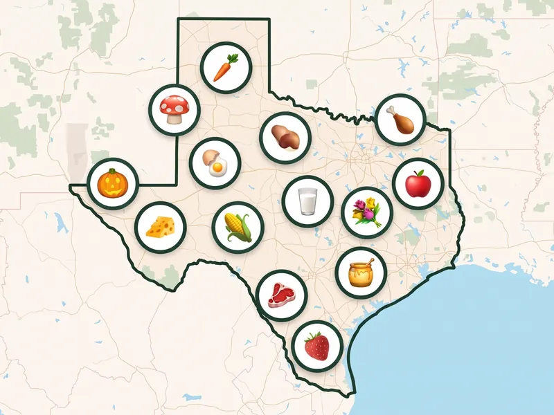 A map of Texas with a pin for each kind of produce its farms, stands and markets sell