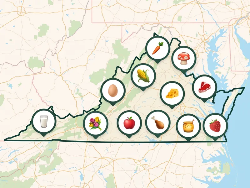 A map of Virginia with a pin for each kind of produce its farms, stands and markets sell