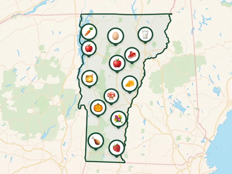 A map of Vermont with a pin for each kind of produce its farms, stands and markets sell