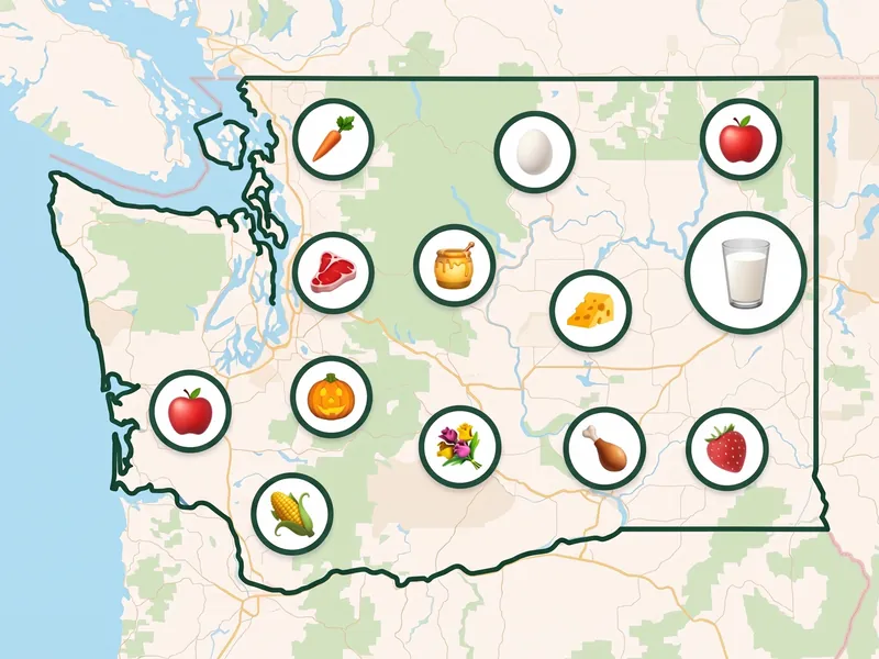 A map of Washington with a pin for each kind of produce its farms, stands and markets sell