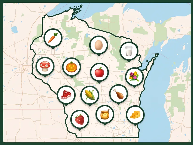 A map of Wisconsin with a pin for each kind of produce its farms, stands and markets sell