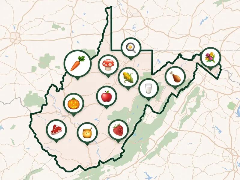 A map of West Virginia with a pin for each kind of produce its farms, stands and markets sell