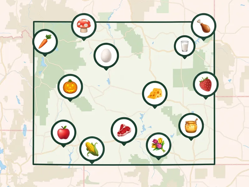 A map of Wyoming with a pin for each kind of produce its farms, stands and markets sell